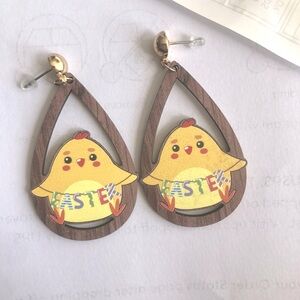 NWT - 1 Pair Yellow Wooden Easter Chicks Drop Earrings